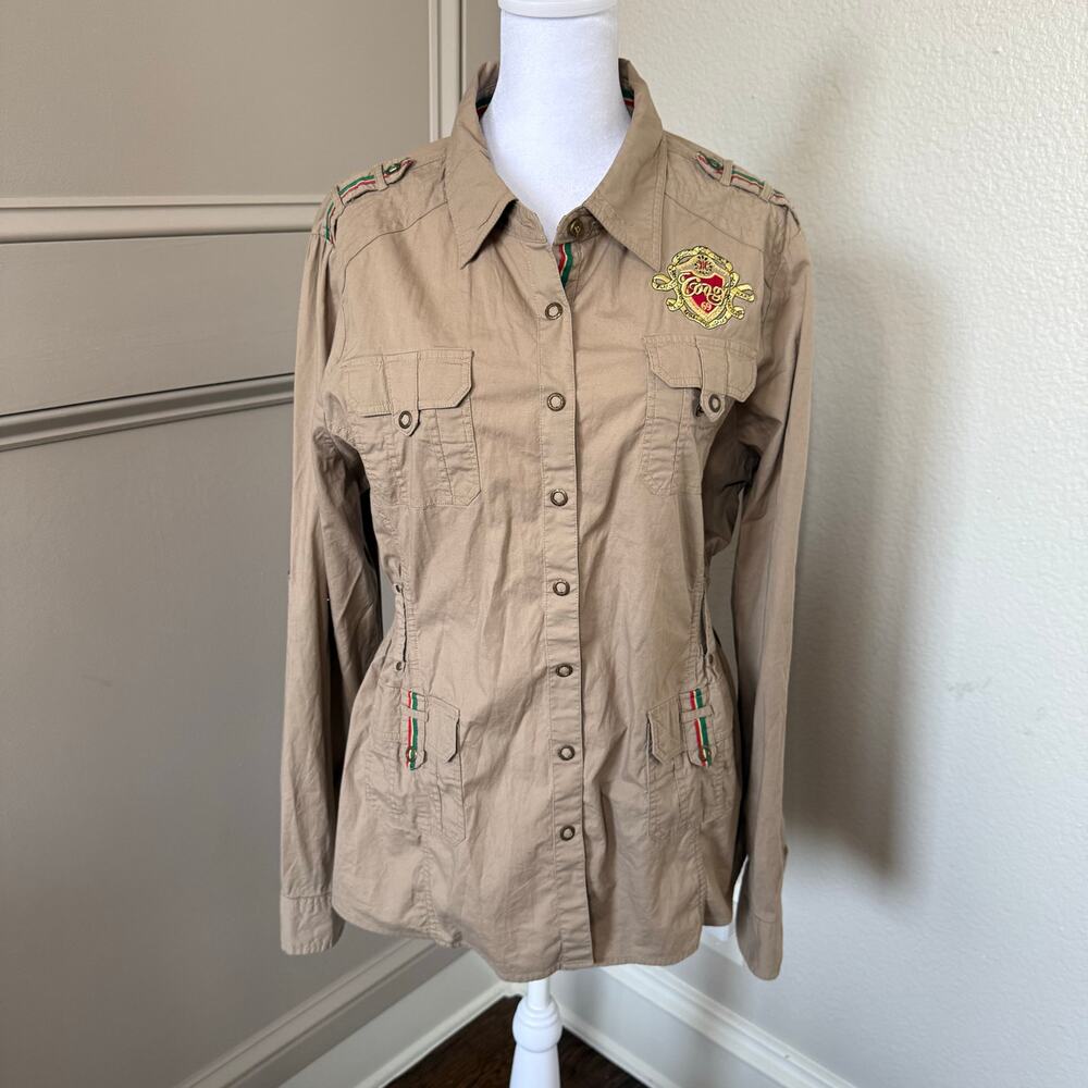 Coogi Khaki Military Snap Up Shirt Utility Top 1X